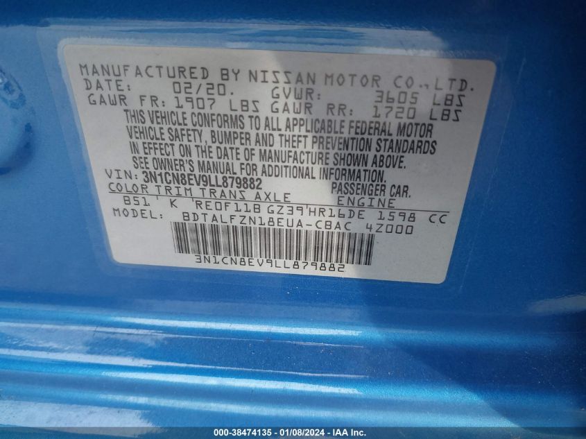 2020 NISSAN VERSA SV - 3N1CN8EV9LL879882