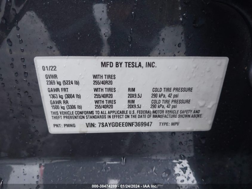 2022 TESLA MODEL Y LONG RANGE DUAL MOTOR ALL-WHEEL DRIVE - 7SAYGDEE0NF369947