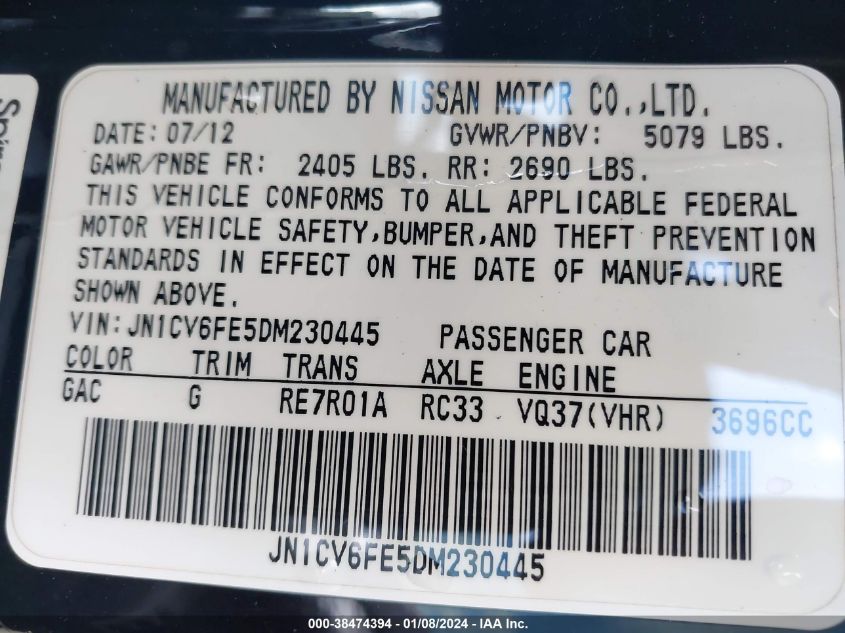 2013 INFINITI G37 - JN1CV6FE5DM230445