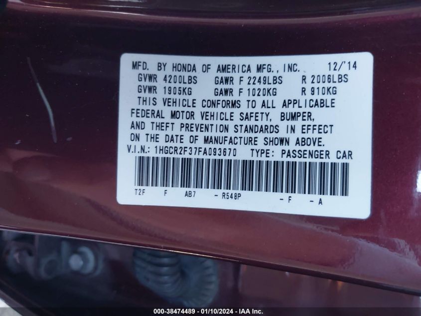 2015 HONDA ACCORD LX - 1HGCR2F37FA093670