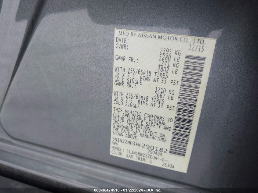 2015 NISSAN MURANO S/SL/SV/PLATINUM - 5N1AZ2MH3FN290182