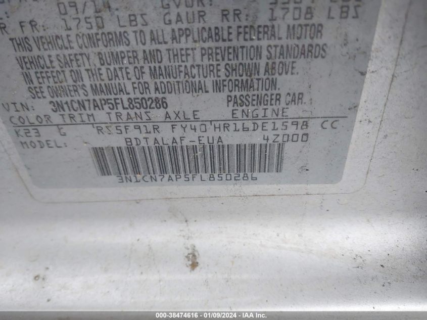 2015 NISSAN VERSA S/S PLUS/SV/SL - 3N1CN7AP5FL850286