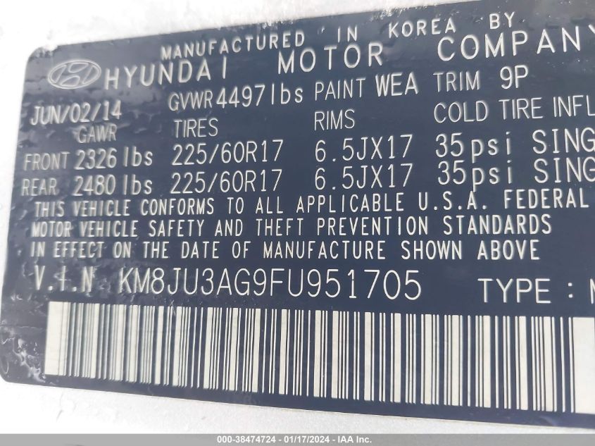 2015 HYUNDAI TUCSON SE - KM8JU3AG9FU951705