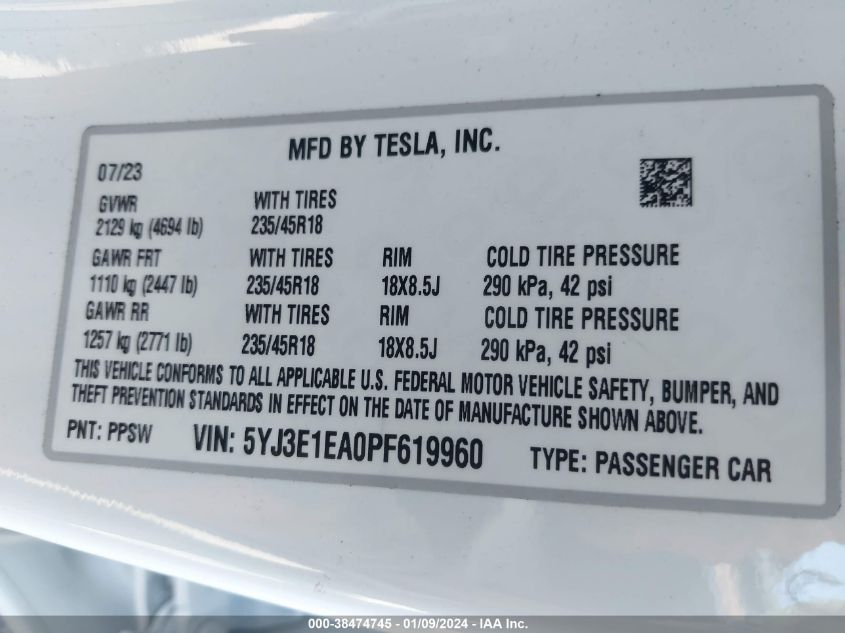 2023 TESLA MODEL 3 - 5YJ3E1EA0PF619960