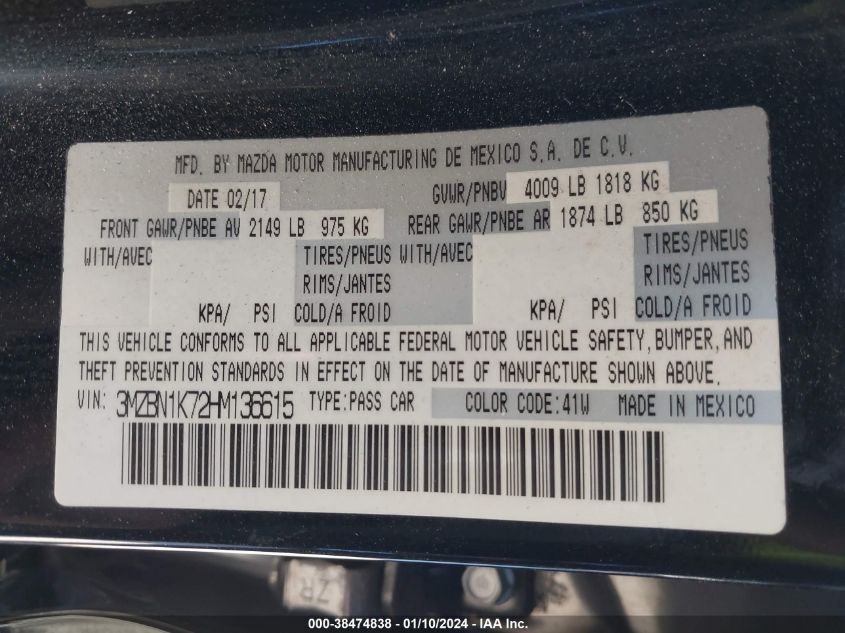 2017 MAZDA MAZDA3 SPORT - 3MZBN1K72HM136615
