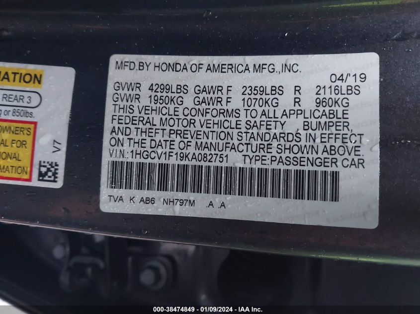 2019 HONDA ACCORD LX - 1HGCV1F19KA082751