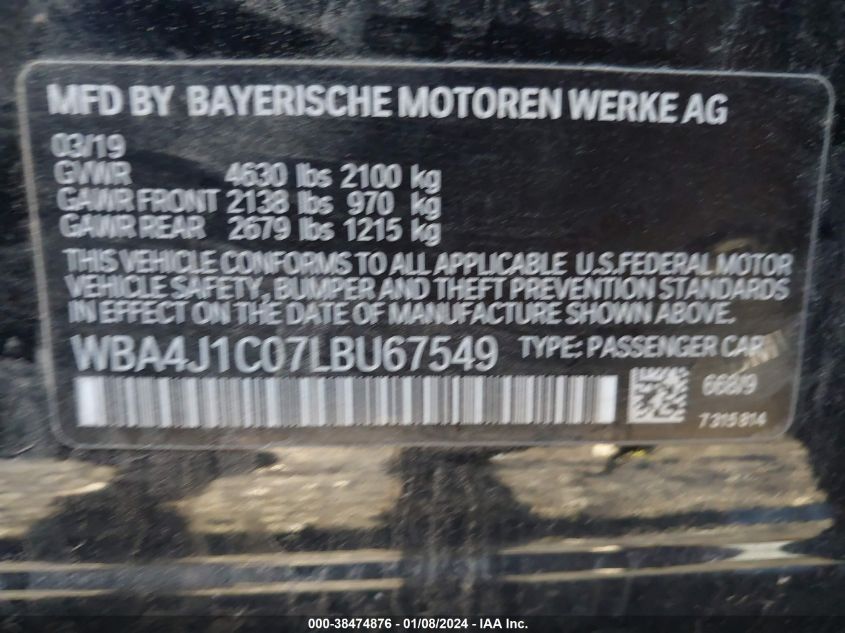 2020 BMW 4 SERIES 430I - WBA4J1C07LBU67549