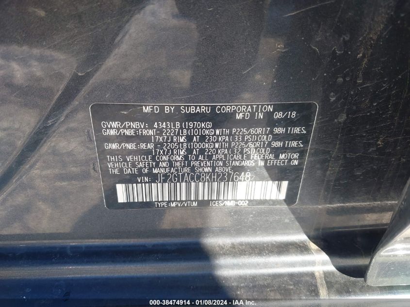 2019 SUBARU CROSSTREK PREMIUM - JF2GTACC8KH237648