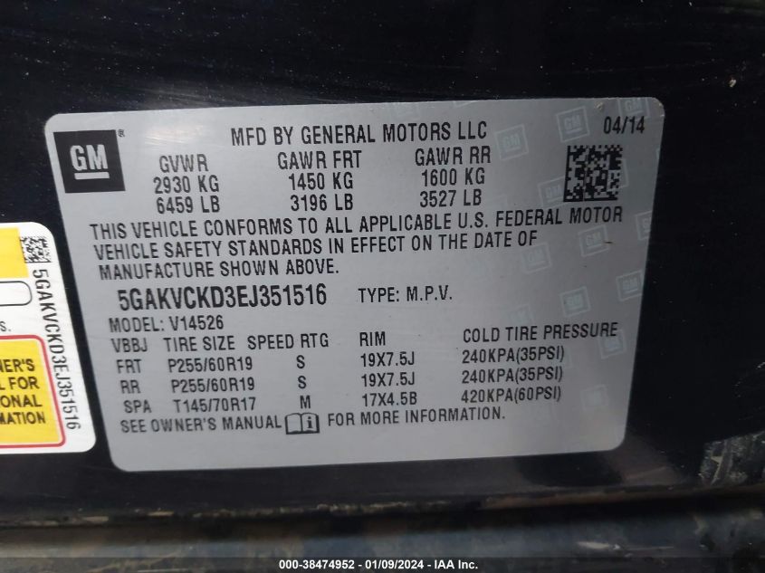 2014 BUICK ENCLAVE PREMIUM - 5GAKVCKD3EJ351516