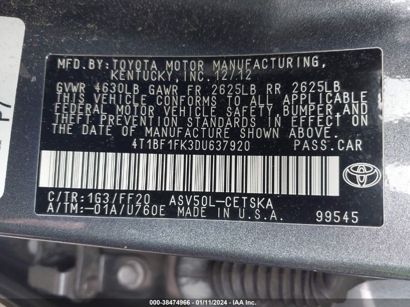 2013 TOYOTA CAMRY L/SE/LE/XLE - 4T1BF1FK3DU637920