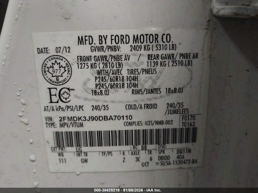 2013 FORD EDGE SEL - 2FMDK3J90DBA70110