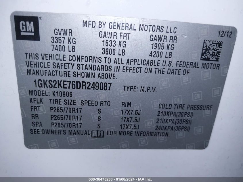 2013 GMC YUKON XL 1500 SLT - 1GKS2KE76DR249087