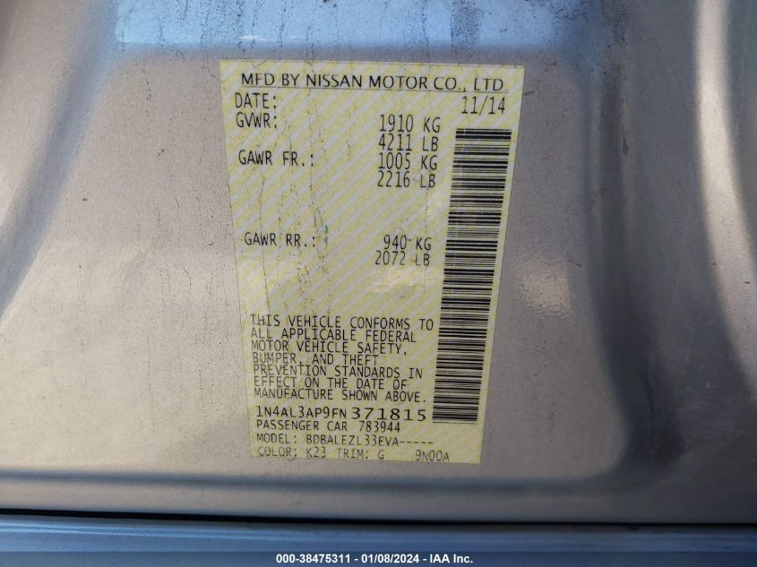 2015 NISSAN ALTIMA 2.5 S - 1N4AL3AP9FN371815