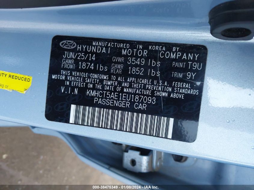 2014 HYUNDAI ACCENT GLS/GS - KMHCT5AE1EU187093