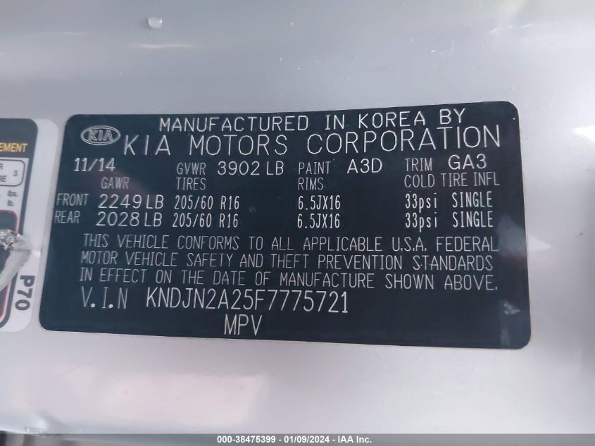 2015 KIA SOUL - KNDJN2A25F7775721