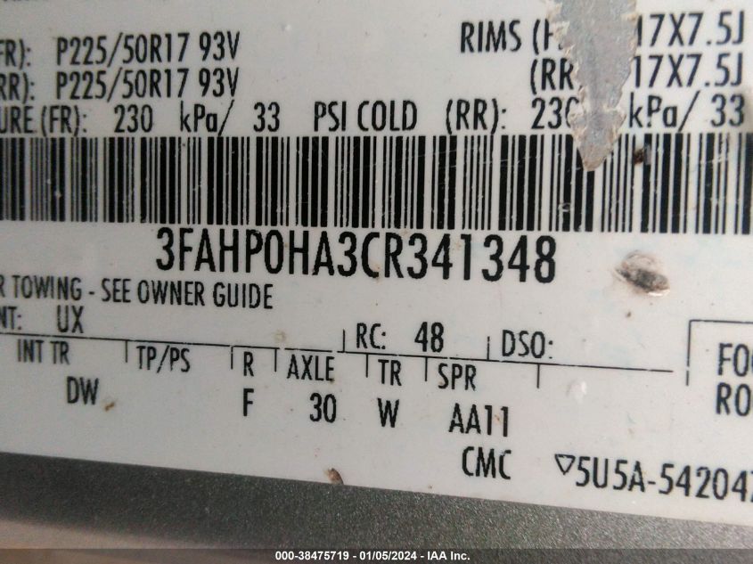 3FAHP0HA3CR341348 | 2012 FORD FUSION