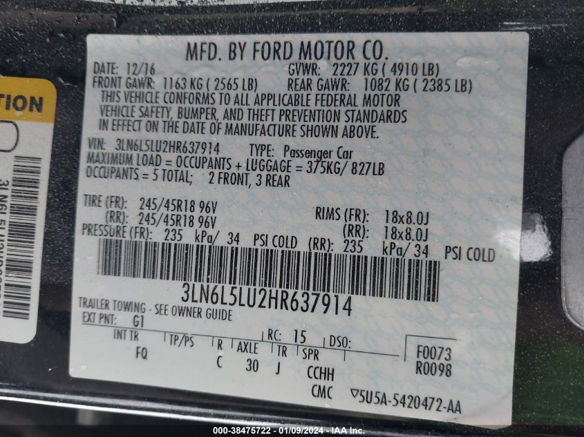 2017 LINCOLN MKZ HYBRID HYBRID SELECT - 3LN6L5LU2HR637914