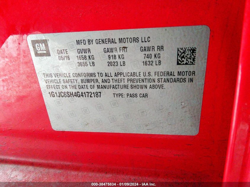2016 CHEVROLET SONIC LT - 1G1JC6SH4G4172187