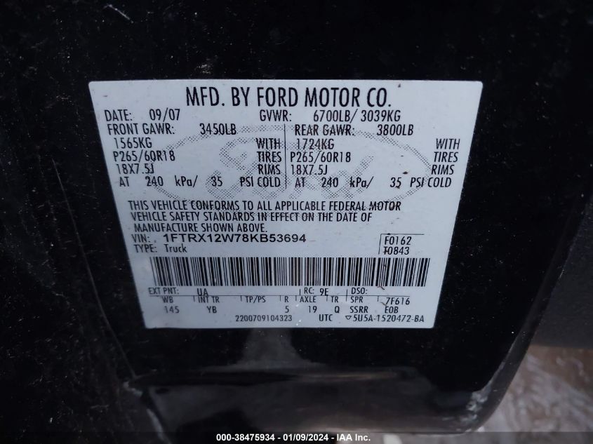 1FTRX12W78KB53694 | 2008 FORD F-150