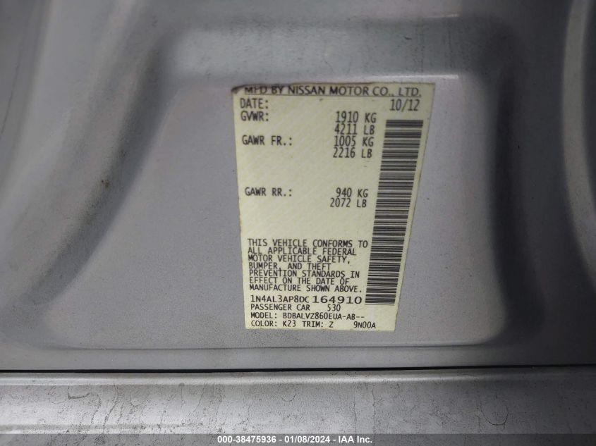 2013 NISSAN ALTIMA 2.5/S/SV/SL - 1N4AL3AP8DC164910