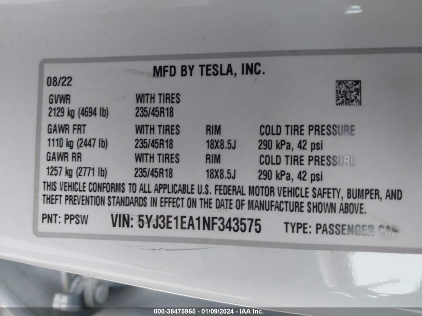 2022 TESLA MODEL 3 REAR-WHEEL DRIVE - 5YJ3E1EA1NF343575