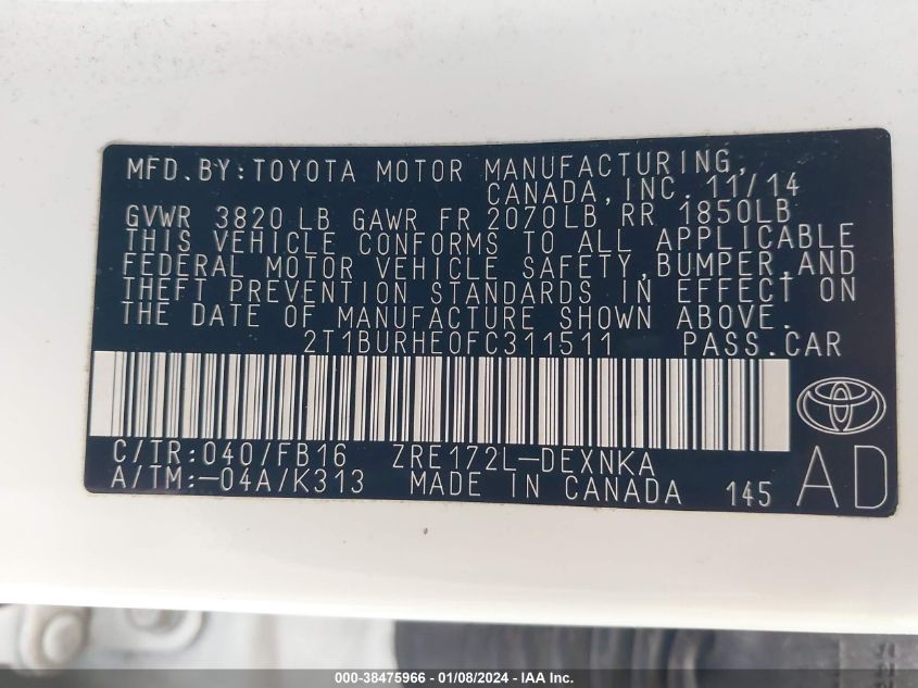 2015 TOYOTA COROLLA LE - 2T1BURHE0FC311511