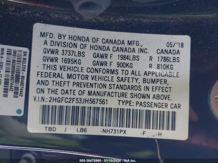 2018 HONDA CIVIC LX - 2HGFC2F53JH567561