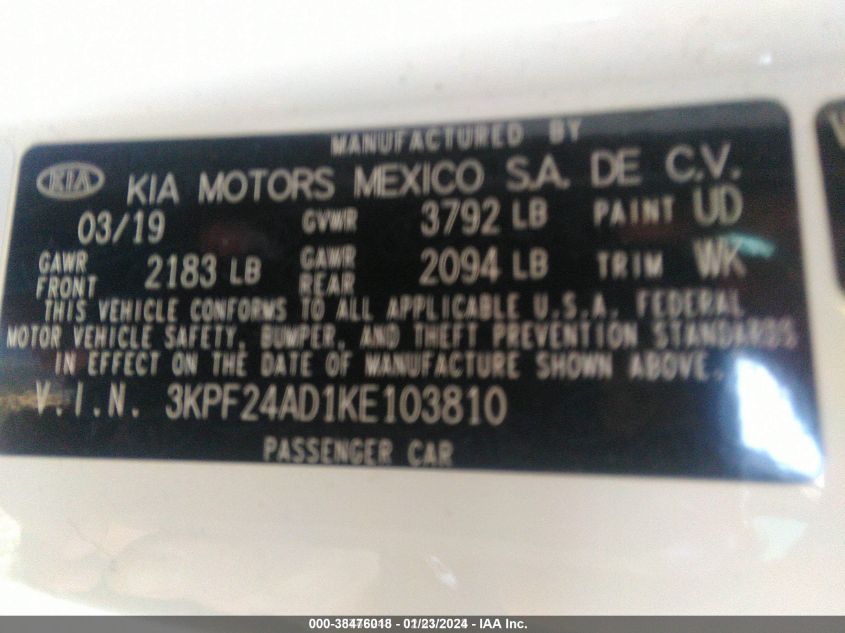 2019 KIA FORTE LXS - 3KPF24AD1KE103810
