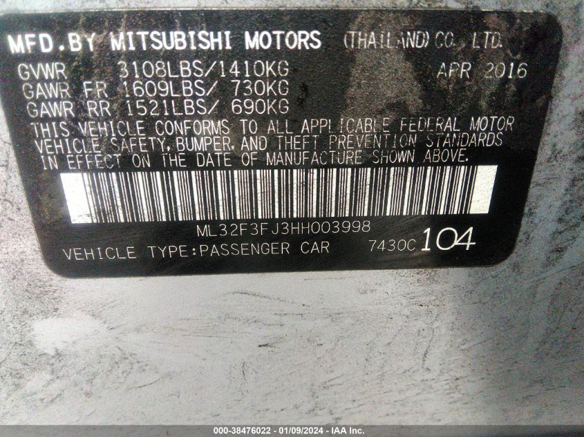 ML32F3FJ3HH003998 | 2017 MITSUBISHI MIRAGE G4