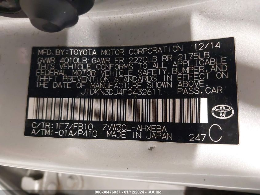 2015 TOYOTA PRIUS - JTDKN3DU4F0432611
