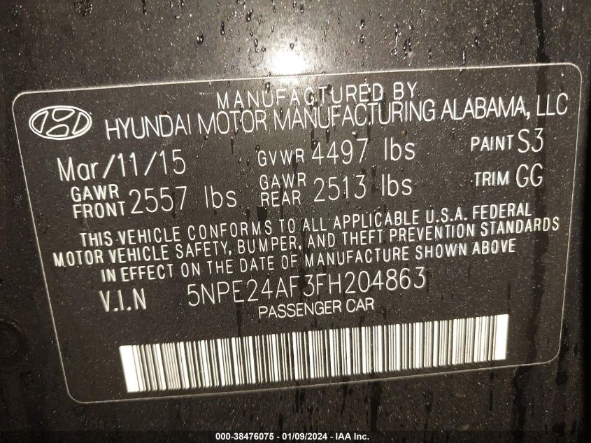 2015 HYUNDAI SONATA SE - 5NPE24AF3FH204863