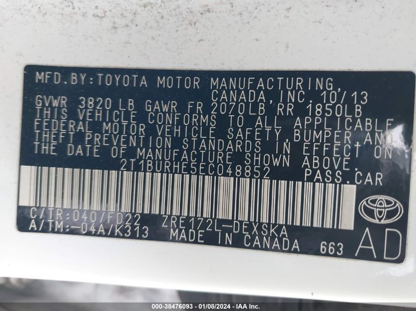 2014 TOYOTA COROLLA S PLUS - 2T1BURHE5EC048852
