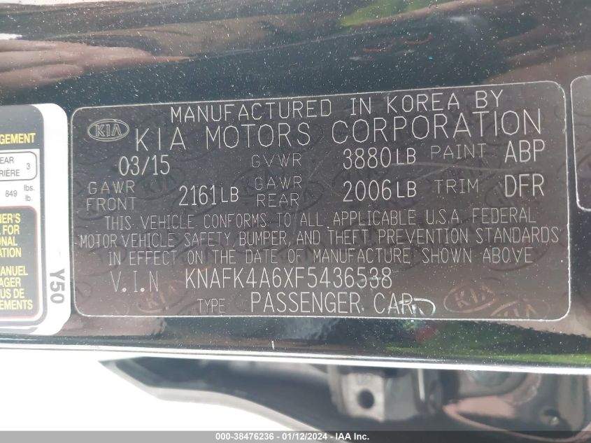 KNAFK4A6XF5436538 | 2015 KIA FORTE