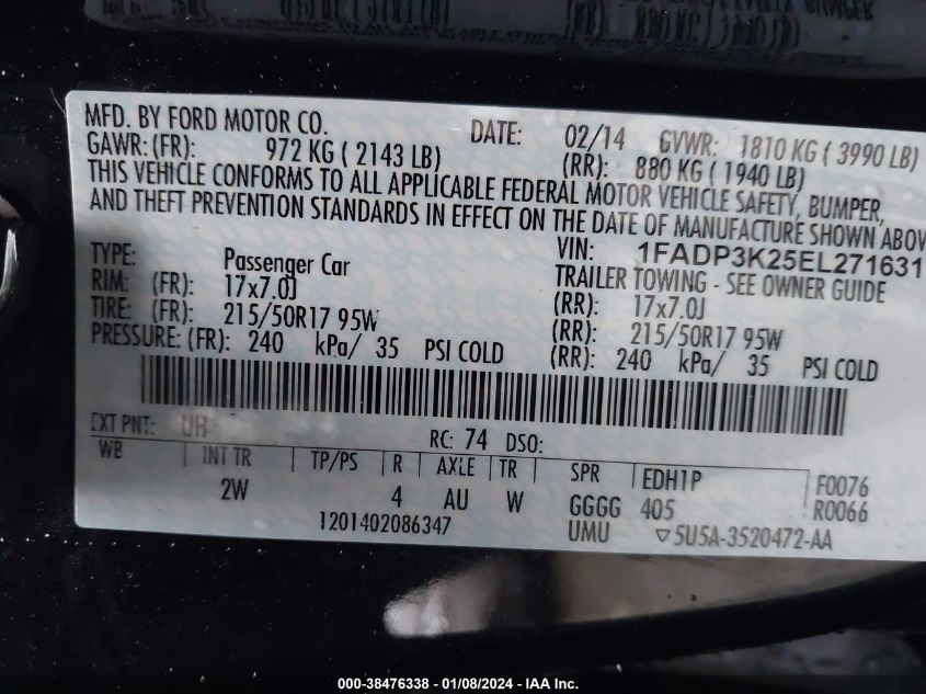 2014 FORD FOCUS SE - 1FADP3K25ELL27163