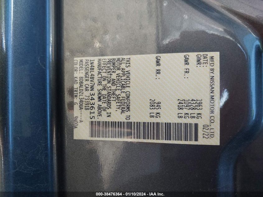 2022 NISSAN ALTIMA S - 1N4BL4BV7NN343615