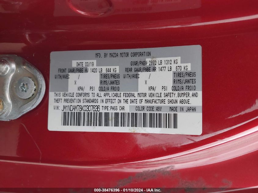 2019 MAZDA MX-5 MIATA RF GRAND TOURING JM1NDAM78K0307636