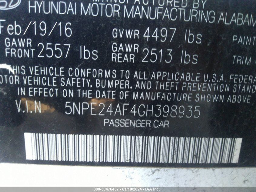 2016 HYUNDAI SONATA SE - 5NPE24AF4GH398935