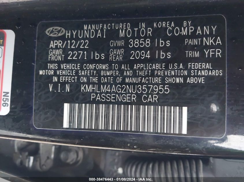 VIN KMHLM4AG2NU357955 2022 HYUNDAI ELANTRA no.9