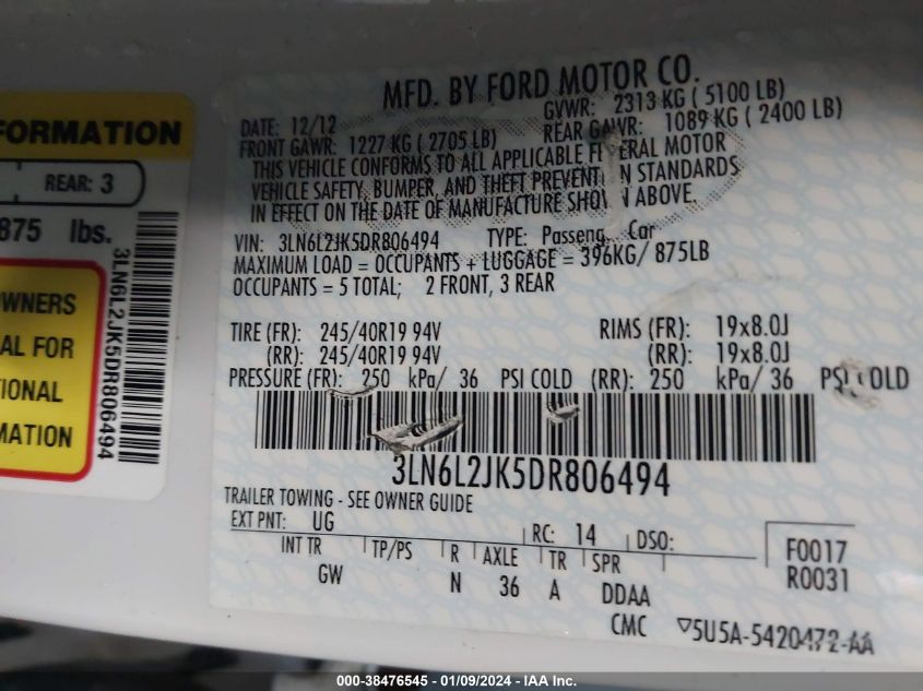 2013 LINCOLN MKZ - 3LN6L2JK5DR806494