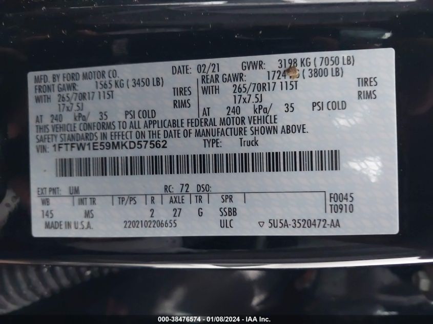2021 FORD F-150 XLT - 1FTFW1E59MKD57562