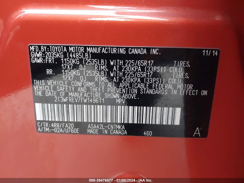 2015 TOYOTA RAV4 XLE - 2T3WFREV7FW149611