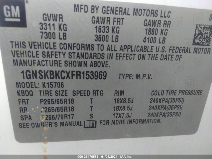 2015 CHEVROLET TAHOE LT - 1GNSKBKCXFR153969