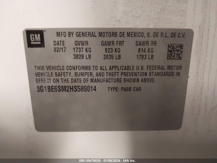 2017 CHEVROLET CRUZE LT - 3G1BE6SM2HS589014