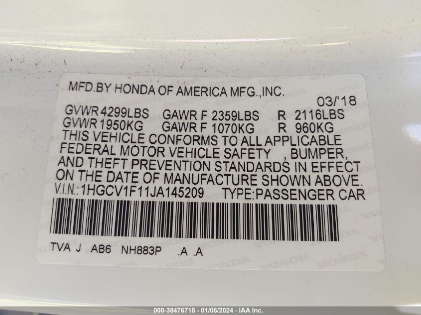 2018 HONDA ACCORD LX - 1HGCV1F11JA145209