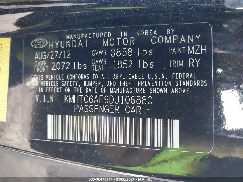 2013 HYUNDAI VELOSTER TURBO W/BLACK - KMHTC6AE9DU106880