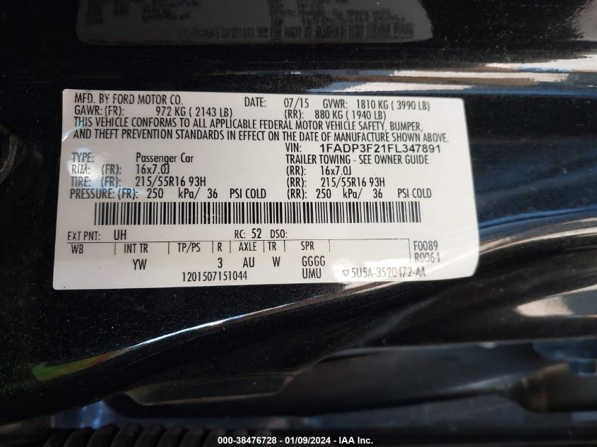 2015 FORD FOCUS SE - 1FADP3F21FL347891