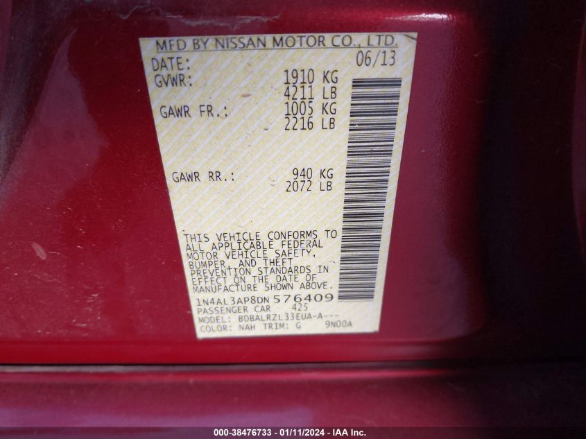 2013 NISSAN ALTIMA 2.5/S/SV/SL - 1N4AL3AP8DN576409