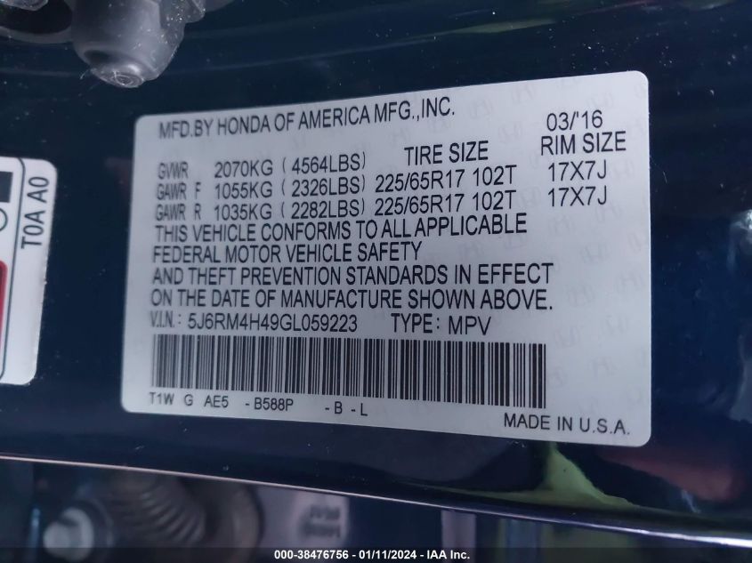 2016 HONDA CR-V SE - 5J6RM4H49GL059223