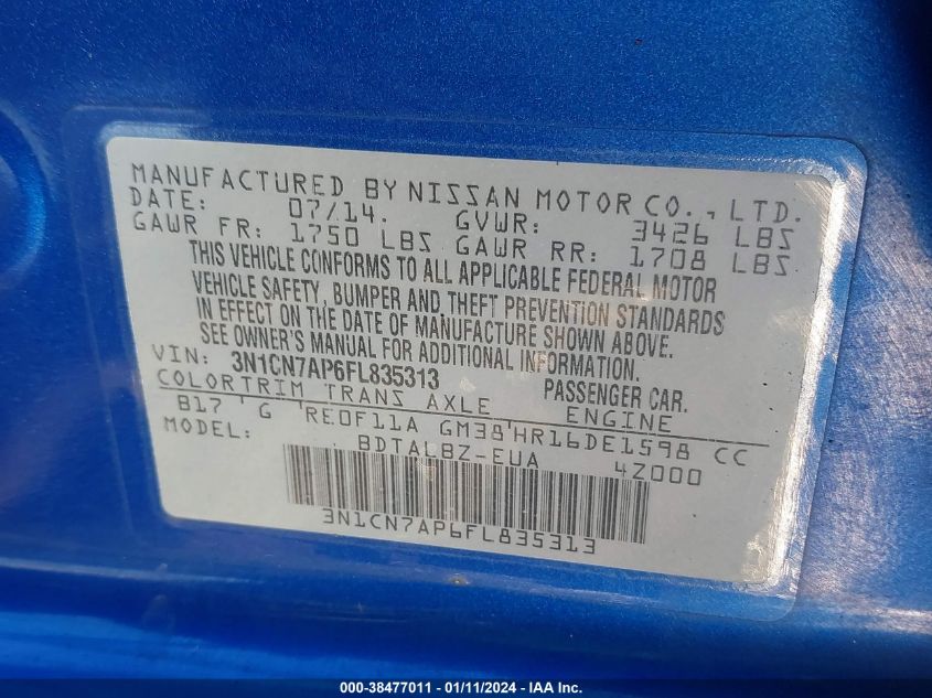 2015 NISSAN VERSA S/S PLUS/SV/SL - 3N1CN7AP6FL835313