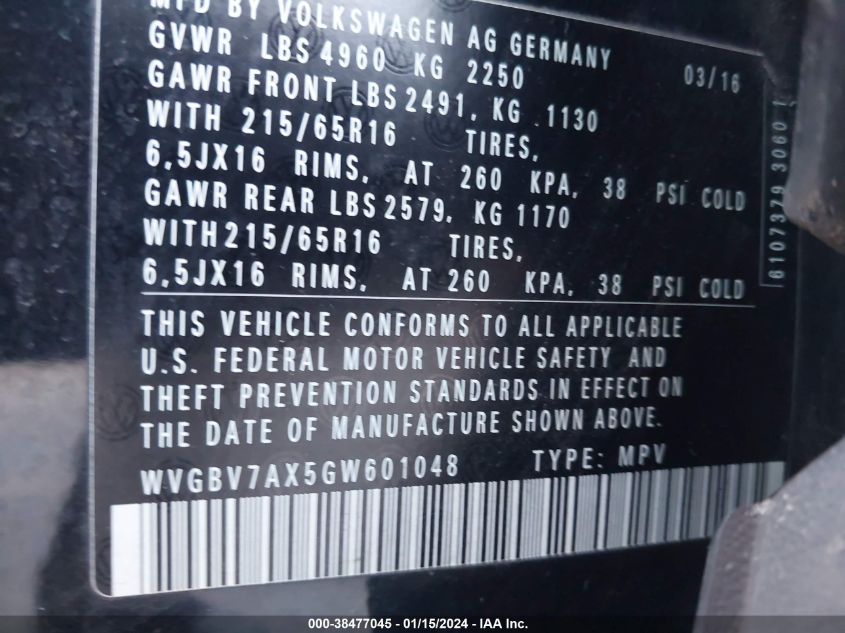 2016 VOLKSWAGEN TIGUAN S - WVGBV7AX5GW601048